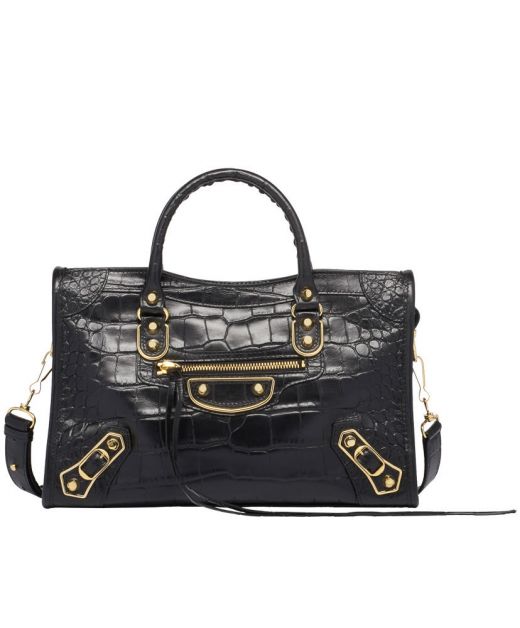 For Sale Croc Embossed Black Leather Gold Metallic Edge Zip Closure Top Handle City—Imitated Balenciaga Tote For Female