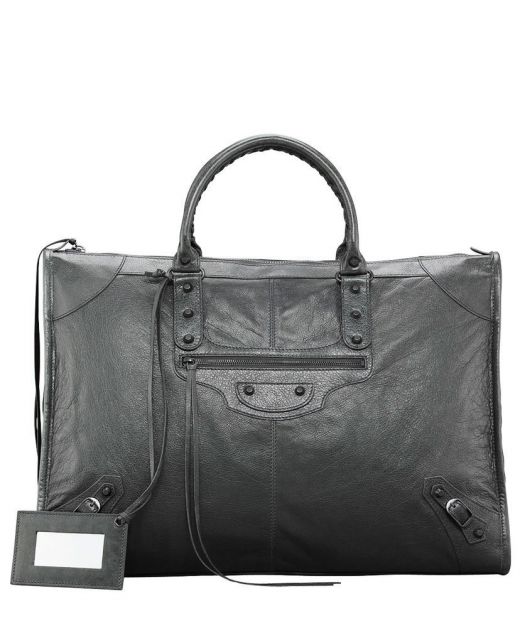 Black Leather Top Zip Lock Seam Handle Stud Detail Weekender—Fake Saint Laurent Large Women's Tote Bag