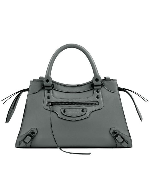 Good Review Dark Grey Leather Braided Handle Fringe Pull Zip Closure Neo Classic—Replica Balenciaga New Ladies Tote Bag