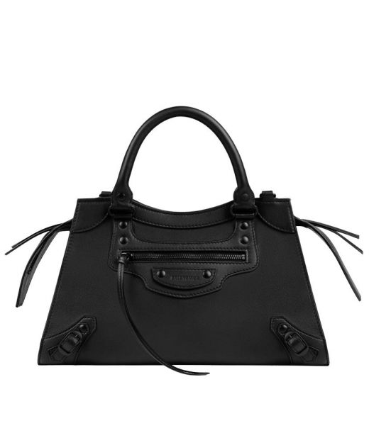 Fake Balenciaga Neo Classic Black Leather Top Handle Fringed Zip Closure Rivet Detail Handlebag For Ladies