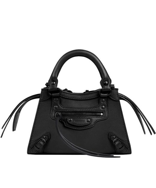 Online Black Leather Braided Handle Studded Tassel Detail Zip Closure Neo Classic—Replica Balenciaga Women'S Trapezoidal Mini Bag