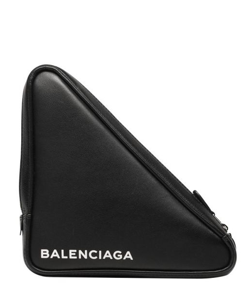 Replica Balenciaga Black Leather Zip Closure Triangle Shape White Signature Clutch For Ladies