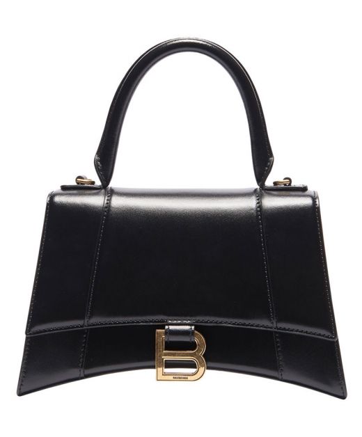Replica Balenciaga Hourglass Women'S Black Leather Top Handle Flap Magnetic Buckle Design Gold Letter B Shoulder Bag