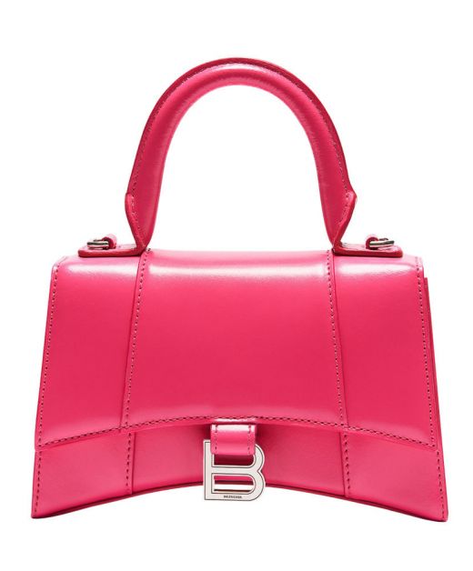 Replica Balenciaga Hourglass Dark Pink Leather Magnetic Flap Gold B Logo Top Handle Curved Base Elegant Ladies Shoulder Bag