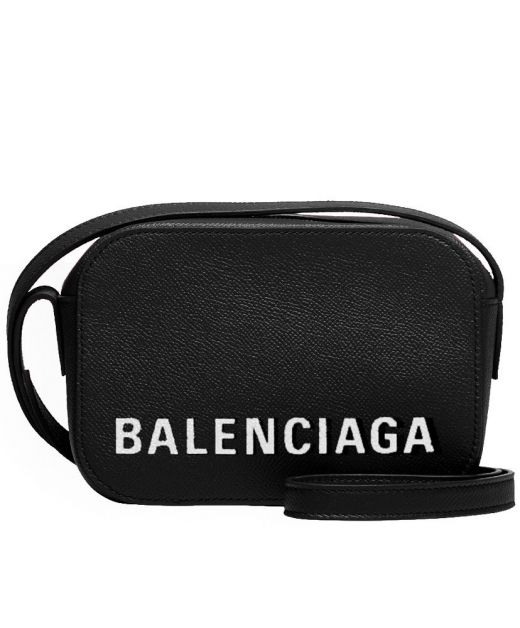 Faux Balenciaga Everyday Black Grained Leather Gold Zip White Logo Back Pocket Design Long Strap Camera Bag For Men