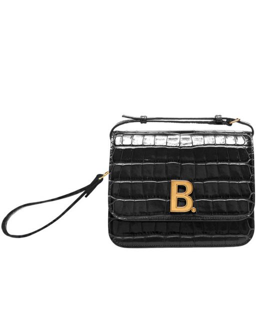 Best Discount Black Shiny Croco Embossed Magnetic Flap Brass B. Logo—Replica Balenciaga Women's Crossbody Bag