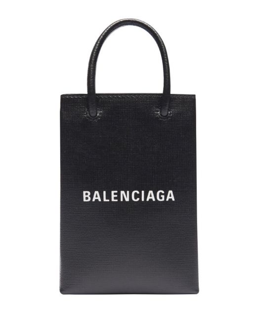 Fake Balenciaga Ladies Black Leather White Signature Double Handle Magnetic Buckle Design Long Strap Phone Bag