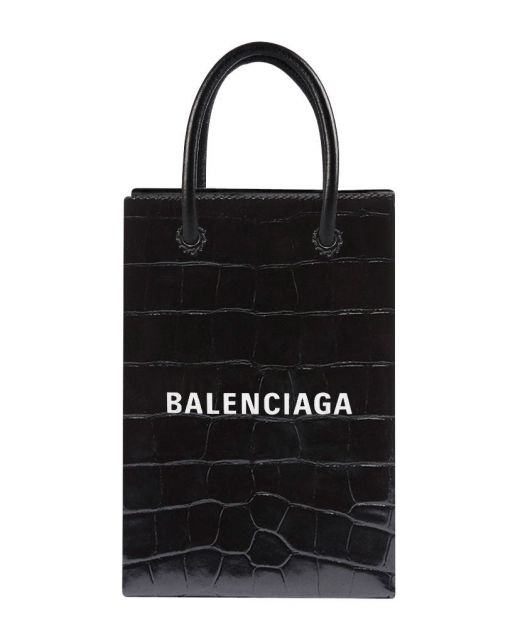 Replica Balenciaga Shiny Black Croc-Embossed Leather White Brand Signature Top Handle Magnetic Closure Crossbody Bag 