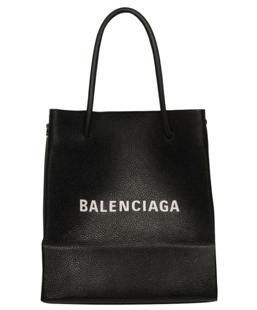 Top Sale Black Leather Magnetic Adsorption Round Handle White Logo North South—Replica Balenciaga Women'S Shopping Bag