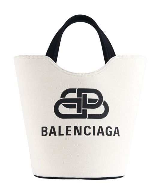 Chic Beige Canvas Open Design Curved Top Black Double Handle Interlocking BB Logo—Clone Balenciaga Women'S Bucket Bag
