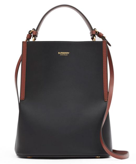Female Removable Shoulder Strap Brown Trim - Best-selling Faux Burberry Black Leather Peggy Bucket Bag