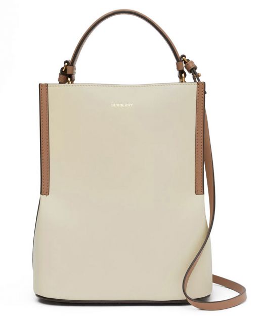 Cream & Brown Bi-color Leather Zip Pouch Adjustable Shoulder Strap - Replica Burberry Medium Peggy Bucket Bag