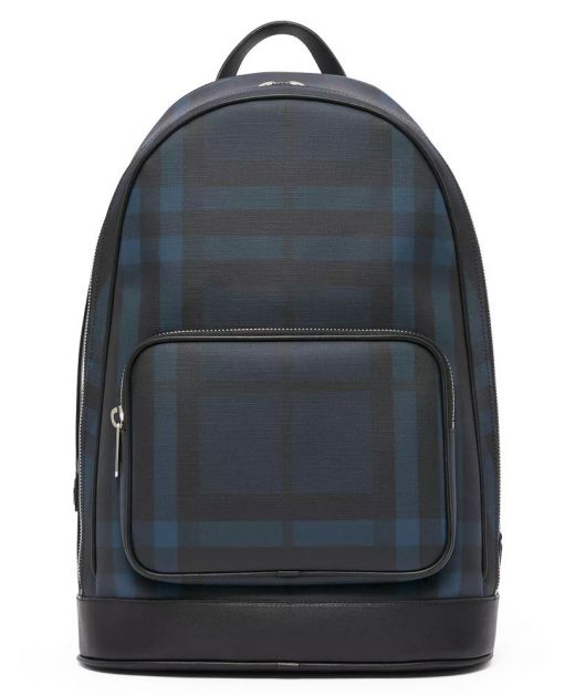 Unisex Replica Burberry London Blue & Black Check Polyamide Fabric Leather Trim Zip Closure Two Shoulder Straps Backpack