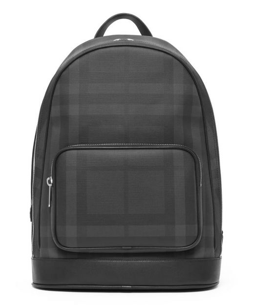 Popular High Quality Men's Imitation Burberry Signature Grey Check Black Leather Detail Zip Pocket Preppy Backpack USA
