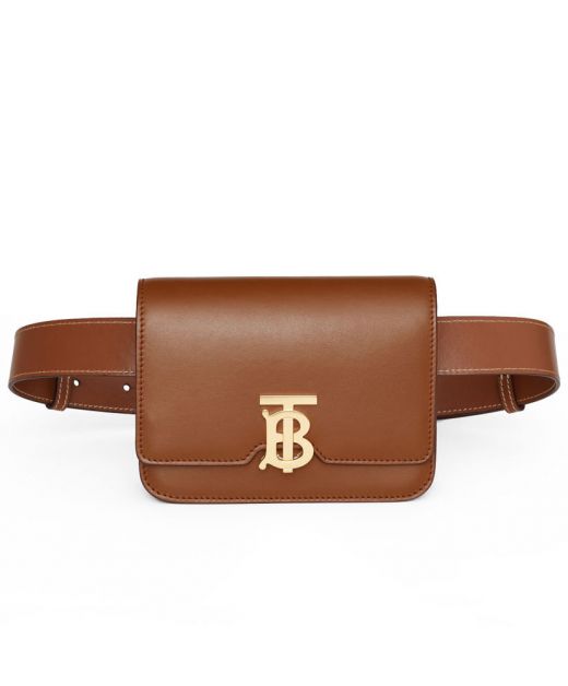 Best Selling Fake Burberry Iconic Gold TB Monogram Hardware Smooth Brown Leather Mini Belt Waist Bag For Ladies