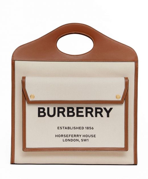 Women's Cream Canvas Brown Leather Trim Horseferry Print Open Top - Replica Burberry Freya Medium Pocket Bag