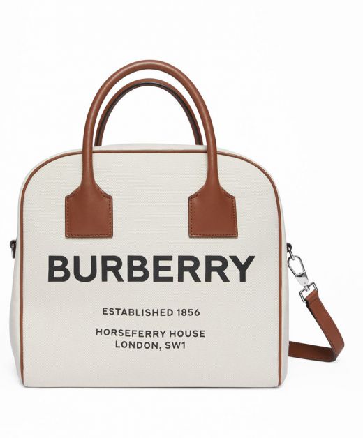 Female Cream Cotton Brand Name & Horseferry Print Brown Leather Trim - Classic Imitation Burberry Bowling Cube Bag
