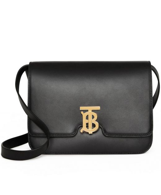 Women's Black Leather Foldover Top Clasp Closure - Best Price Fake Burberry TB Hardware Medium Bag Online