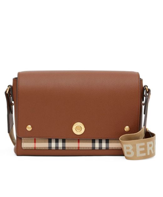 Female Retro Style Fake Burberry Brown Grained Leather Material Check Element Nylon Shoulder Strap Note Crossbody Bag