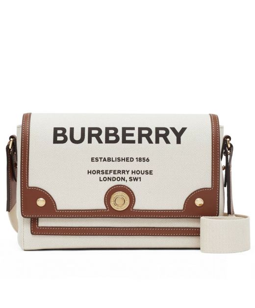 Hot Sale Faux Burberry Iconic Horseferry Print Cream Canvas Thread Stitch Brown Calf Leather Trim Note Crossbody Bag