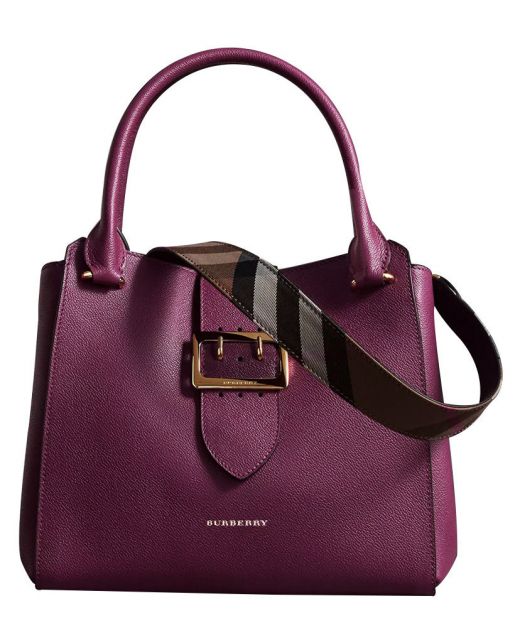 Dark Purple Leather Classic House Check Strap Brand Name Lettering Detail - Cheapest Replica Burberry Buckle Handle Bag Website