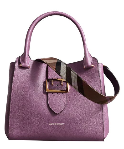 Women's Knockoff Burberry Buckle Closure House Check Shoulder Strap Purple Grained Calfskin Leather Medium Tote Bag