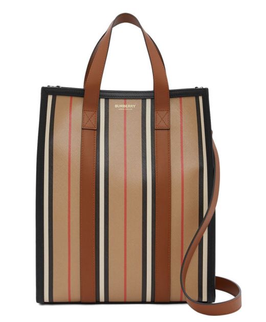 Women's Gold Brand Name Print Striped Pattern Long Shoulder Strap - Replica Burberry Medium Canvas Portrait Tote Bag
