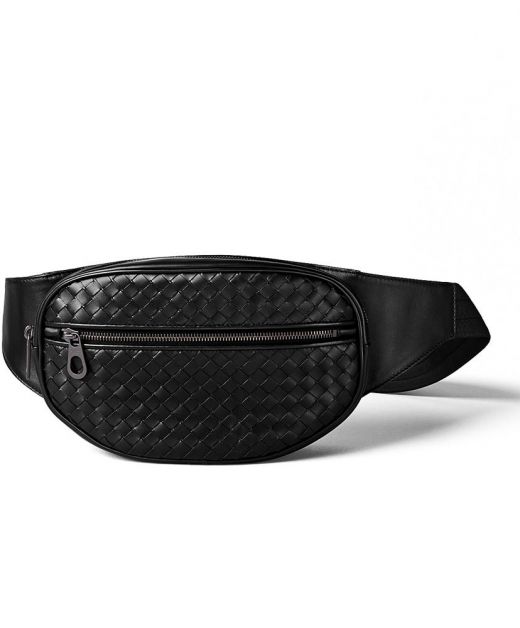 Classic Black Leather Intreccio Craft Zip Closure Adjustable Belt—Replica Bottega Veneta Men'S Multifunctional Bum Bag