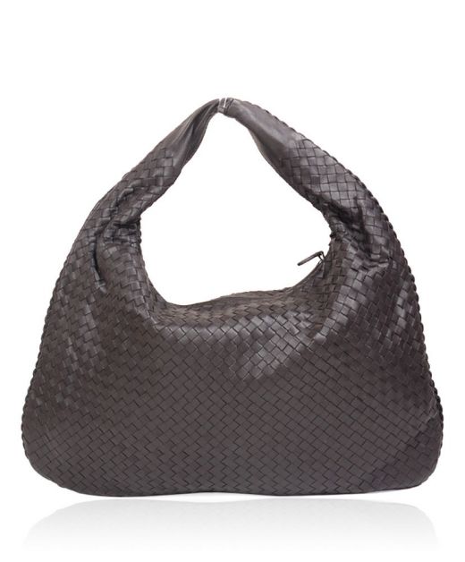 Clone Bottega Veneta Dark Coffee Color Leather Intreccio Textured Zip Closure Round Handle Classic Women'S Shoulder Bag