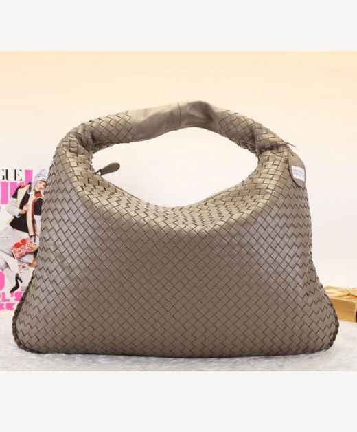 Top Sale Light Brown Intreccio Leather Round Outline Handle Zip Closure—Replica Bottega Veneta Ladies Hobo Bag