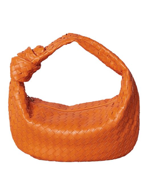 Faux Bottega Veneta Jodie Women'S Orange Intrecciato Textured Leather Top Zip Knotted Handle Hobo Bag