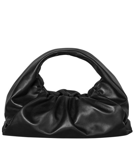 Replica Bottega Veneta Pouch Black Smooth Cowhide Pleated Overlay Magnetic Border Shoulder Bag For Ladies