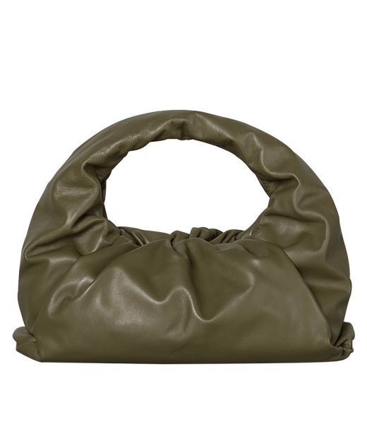 For Sale Olive Green Leather Pleated Detail Arched Handle Magnetic Closure Pouch—Imitated Bottega Veneta Shoulder Bag For Female