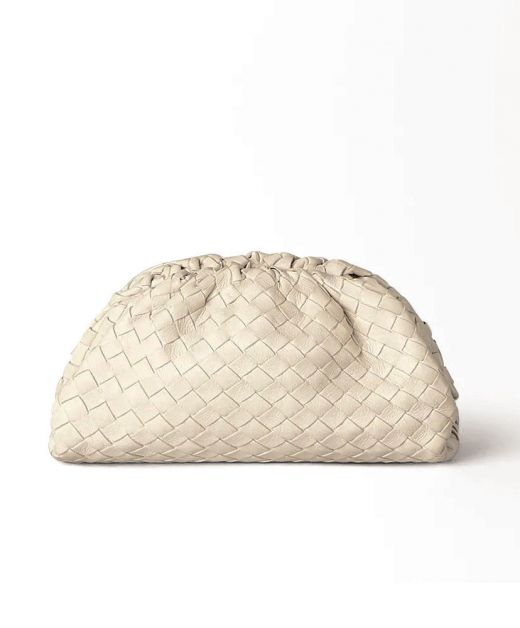High End White Leather Intrecciato Weave Magnetic Frame Pouch—Replica Bottega Veneta Versatile Strap Clutch For Women