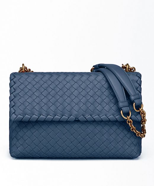 Replica Bottega Veneta Olimpia Sapphire Blue Intreccio Leather Sliding Gold Chain Ladies Noble Shoulder Bag