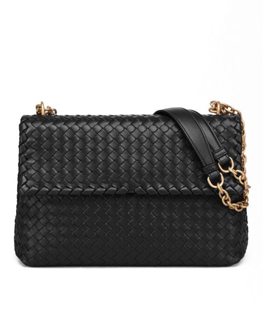 Cheapest Black Intreccio Textured Leather Vintage Gold Chain Flap Olimpia—Replica Bottega Veneta Bag For Women