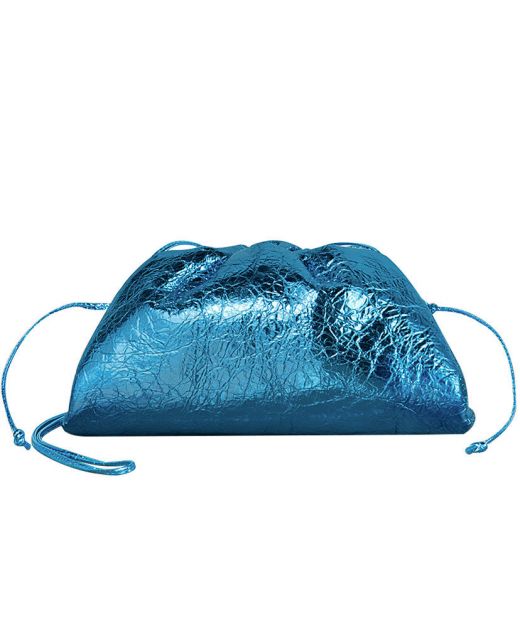 Hot Selling Blue Metallic Leather Magnetic Frame Adjustable Strap Pouch—Imitated Bottega Veneta Mini Clutch For Ladies