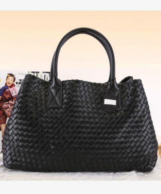 Black Intrecciato Lamb Top Round Handle Lace-Up Closure Cabat—Imitated Bottega Veneta Women'S Utility Tote Bag