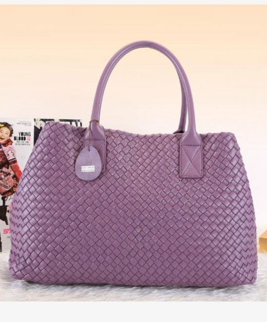 Chic Purple Leather Intrecciato Look Top Handle Tie Closure Cabat—Replica Bottega Veneta Elegant Tote Bag For Ladies