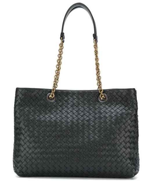 Replica Bottega Veneta Ladies Classic Black Intreccio Craft Sliding Chain Shoulder Strap Design Large Capacity Shoulder Bag