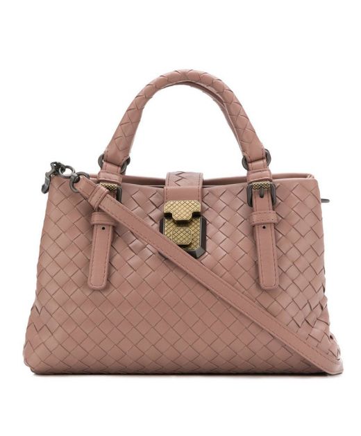 Chic Pink Leather Intrecciato Craft Gold Lock Black Hardware—Clone Bottega Veneta Mini Roma Bag For Ladies