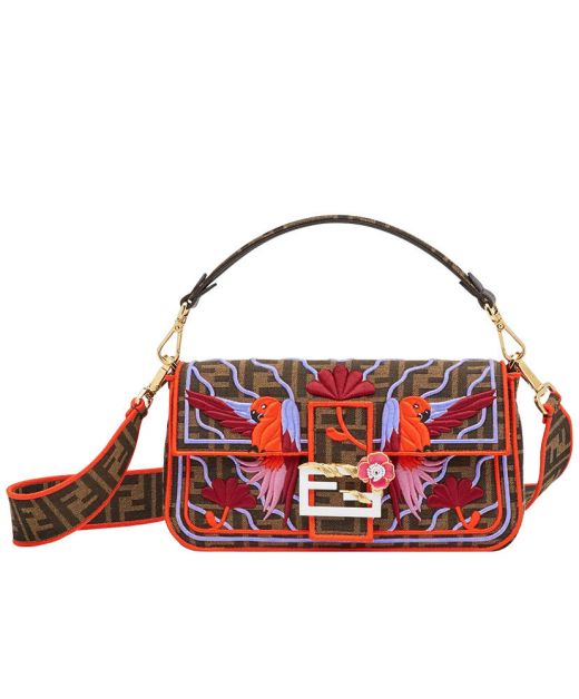 Clone Fendi Baguette Brown Canvas Colorful Parrot Embroidery FF Rectangle Magnetic Buckle Ladies Crossbody Bag