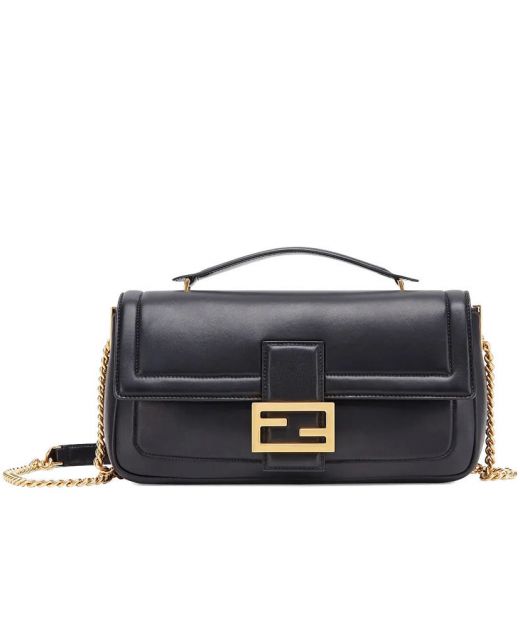 Classic Black Leather Gold Hardware Flap Magnetic Buckle FF Tower Buckle Closure Baguette—Replica Fendi Chain Bag For Female