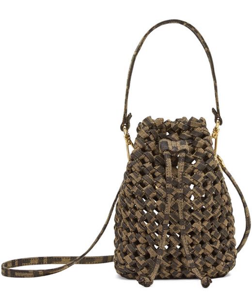 Imitated Fendi Mon Tresor Brown FF Intreccio Drawstring Closure Gold Hardware Detachable Handle Women's Bucket Bag