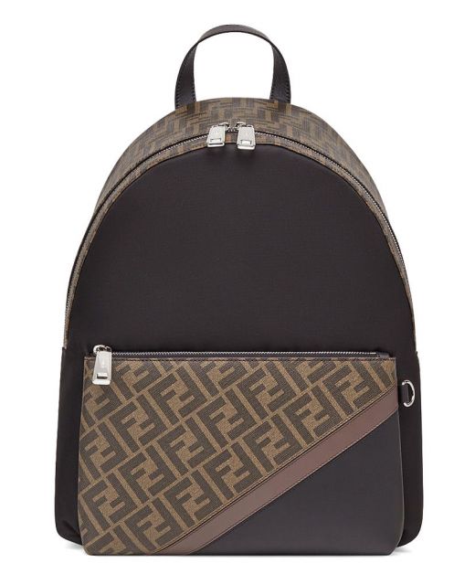 Fake Fendi Men's Black Nylon Brown FF Pattern Top Zip Front Pocket Palladium Plated Metal Backpack
