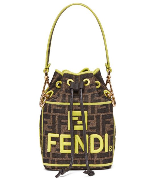 Copy Fendi Mon Tresor Brown FF Jacquard Fabric Yellow Letter Trim Embroidered Black Drawstring Bucket Bag