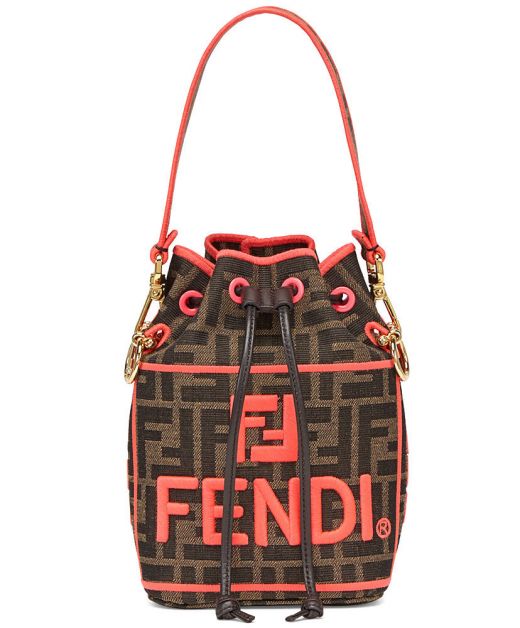 Top Sale Red Embroidered Logo Trim Brown FF Fabric Mon Tresor—Replica Fendi Ladies Drawstring Closure Bag