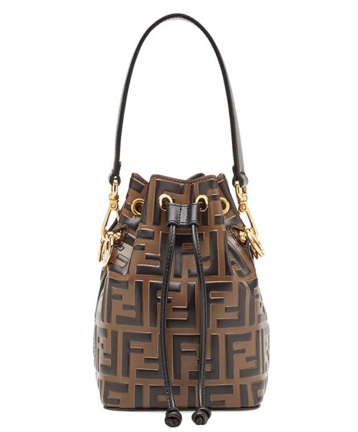 Best Quality Brown Calfskin FF Print Drawstring Closure Gold Detail Mon Tresor—Replica Fendi Women'S Mini Bucket Bag