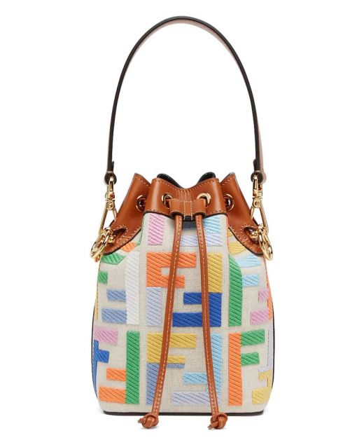 Classic White Canvas Colorful FF Pattern Embroidered Brown Leather Trim Mon Tresor—Replica Fendi Bucket Bag For Female