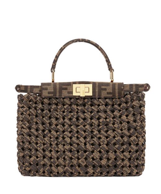 Low Price Black Brown Canvas Jacquard Interlace FF Pattern Double Compartment Gold Swivel Lock Peekaboo Iconic—Clone Small Ladies Shoulder Bag